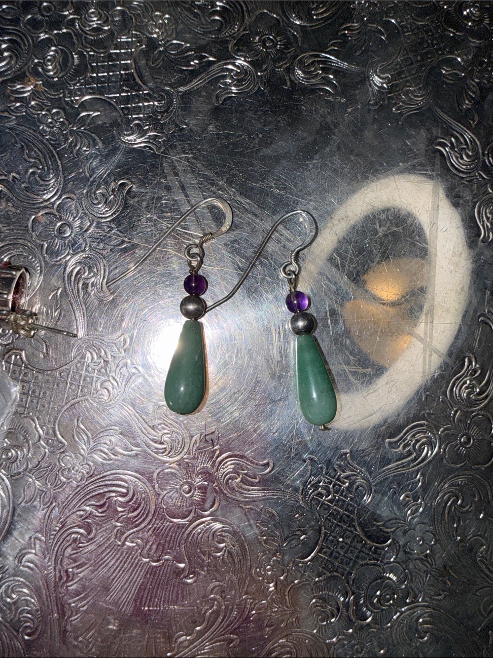 925. Green Tear Drop ( jadeite) and Purple Accent ( Amethyst) Dangle Earring